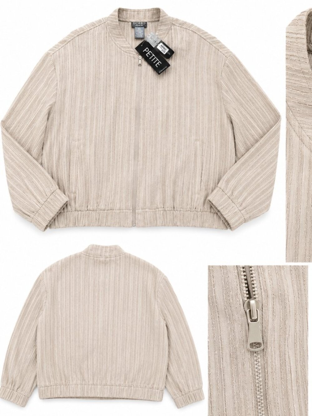 NWT SOHO Apparel Ltd Petite Textured Zip Front Jacket Beige PXL Lightweight